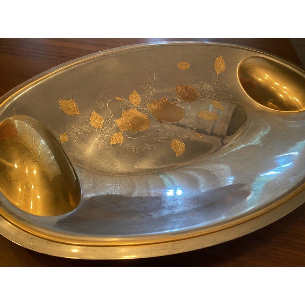 SIGNED Signature Elegant Gold 24k Plated(?) Metal Tray w/ Rose Flower Motif